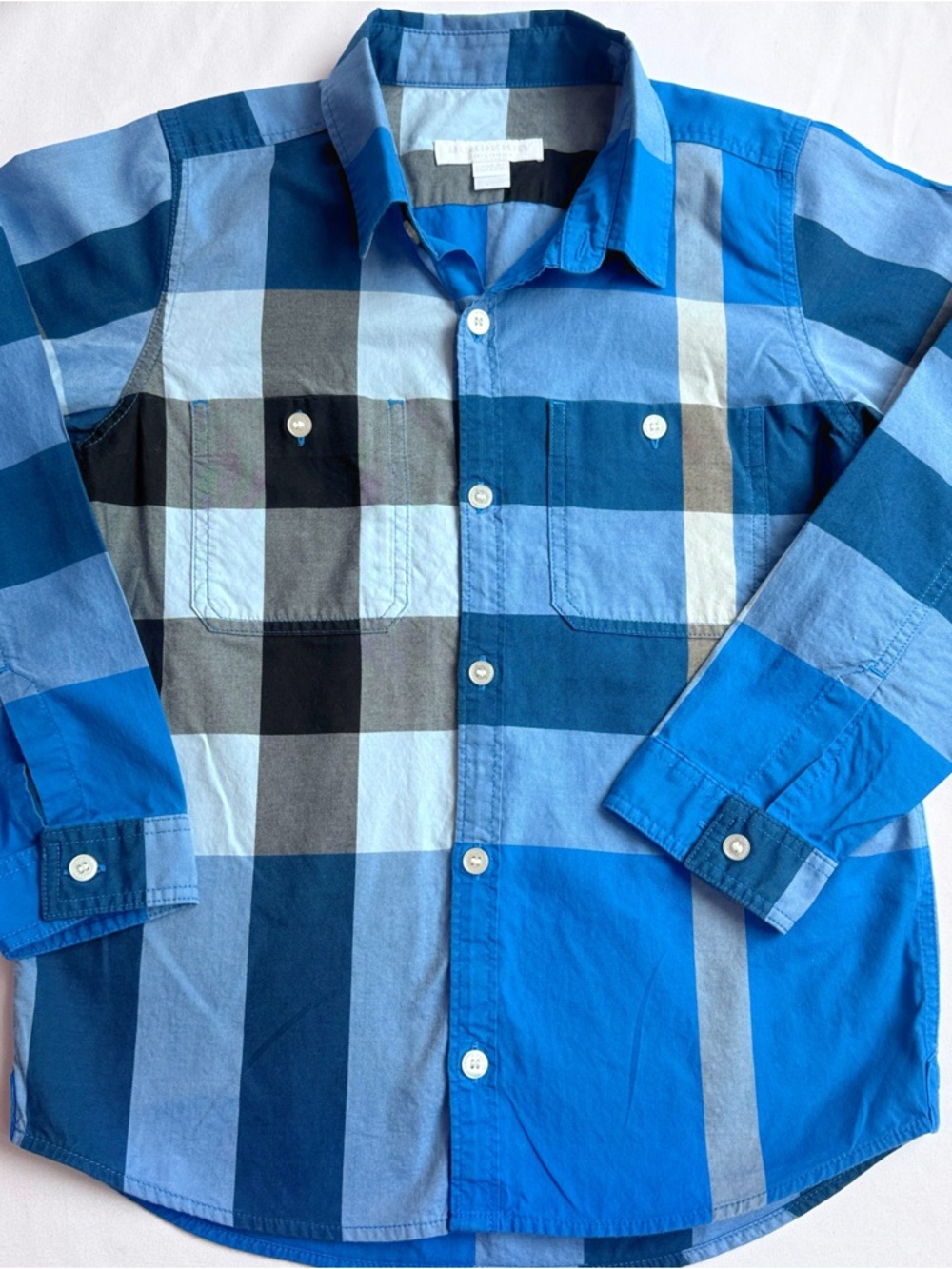 Burberry Boys Blue Nova Check Button Down Shirt Size 7Y 122cm Plaid Long Sleeve